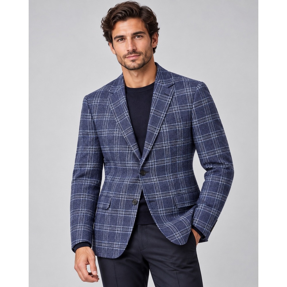 Z Zegna Men's 40R 50R Blue Plaid Wool Linen Blazer Sport Coat Switzerland